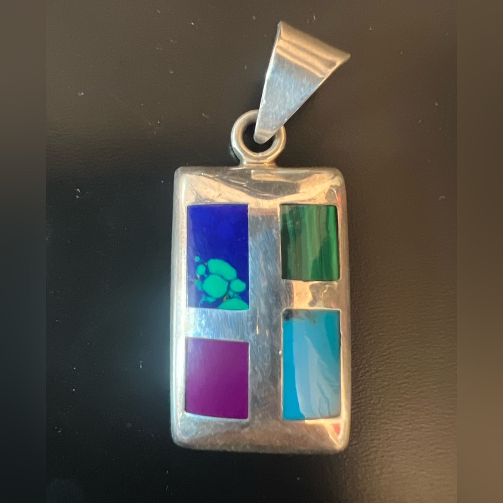 Vintage sterling pendant with multi stone inlay